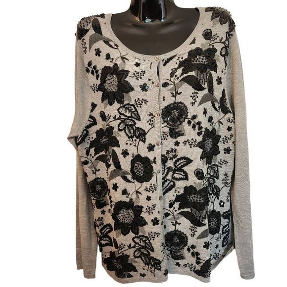 Victor Costa • Gray Floral Sequence Silk Blend Cardigan Sweater Size L - Picture 6 of 6